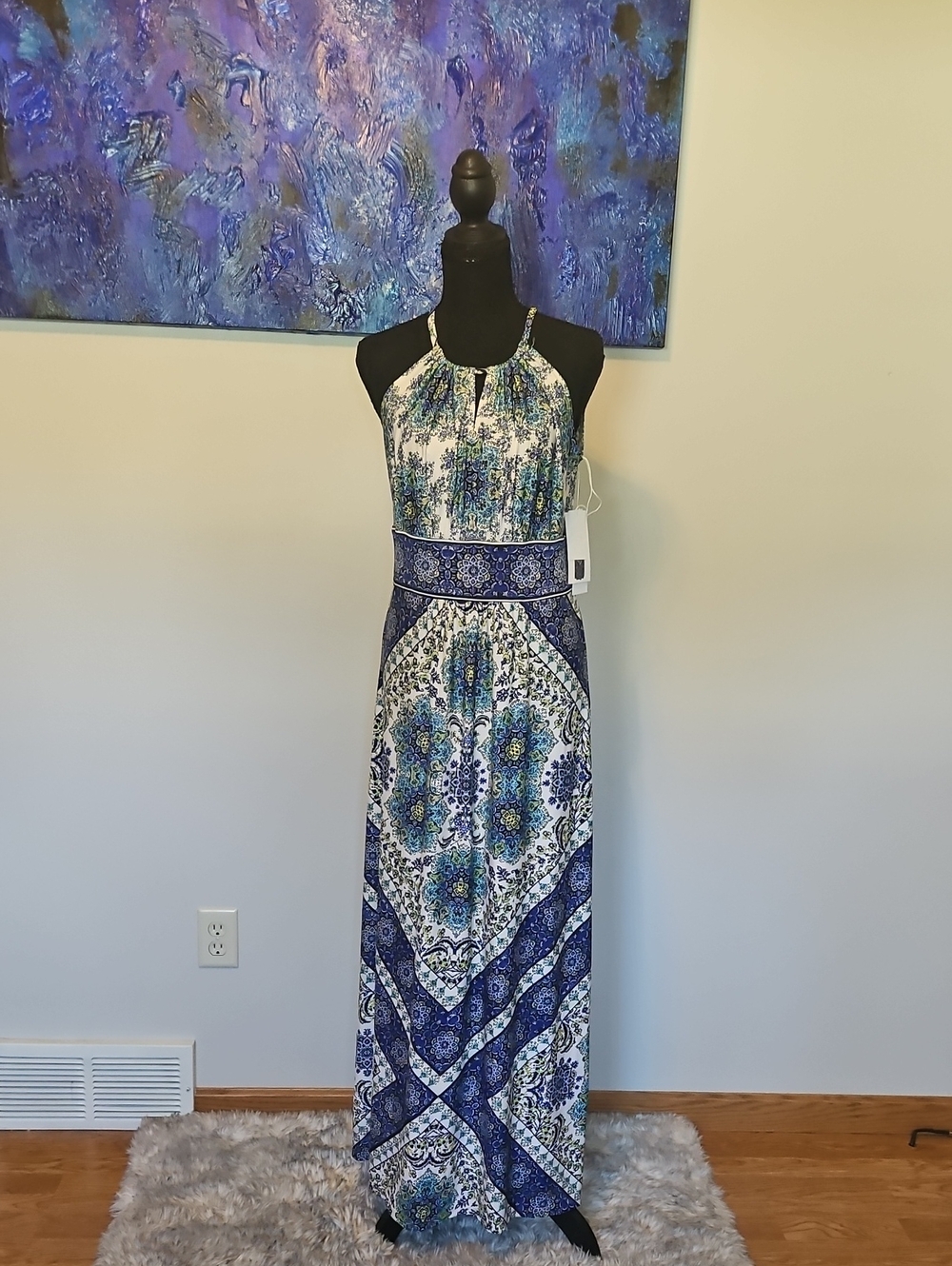 Blue Floral Halter Maxi Dress with Waistband